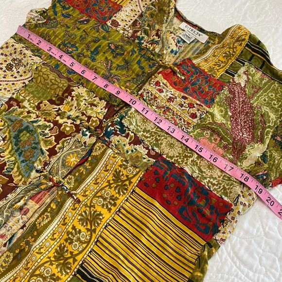 Citron Patchwork Silk Blend Blouse Women’s Size Medium Asian Inspired Boho - Picture 7 of 9
